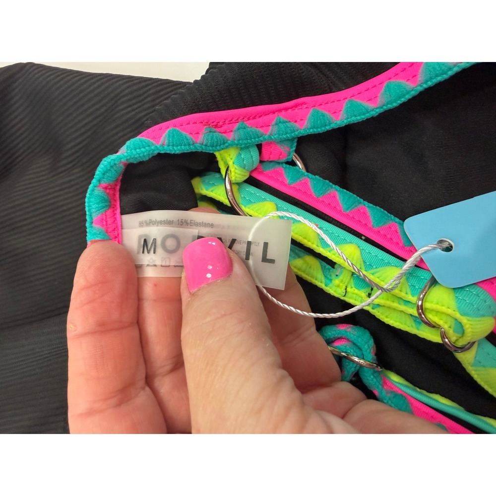 Popvil Womens Ribbed One Piece Swimsuit Black Neon Pink Yellow Trim High Cut NEW - Picture 9 of 12